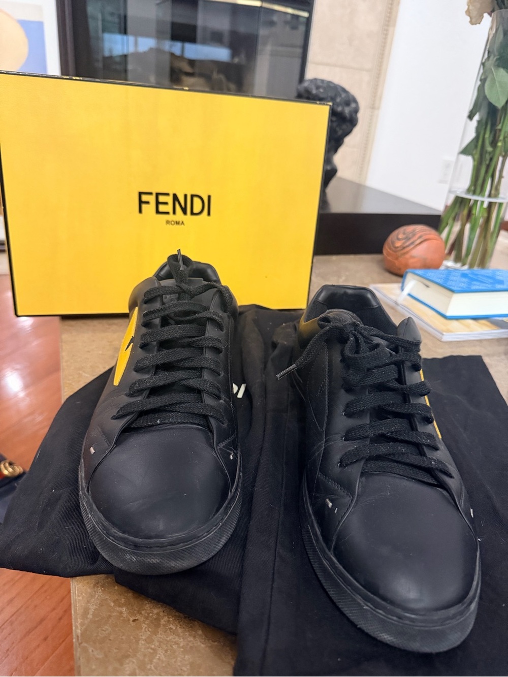 Fendi Black Leather Men's Low-Top Sneakers with Yellow Accent